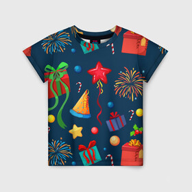 Детская футболка 3D с принтом Новогодний Паттерн в Санкт-Петербурге, 100% гипоаллергенный полиэфир | прямой крой, круглый вырез горловины, длина до линии бедер, чуть спущенное плечо, ткань немного тянется | merry christmas | веселого рождества | звездочки | ленточки | новый год | паттерн | подарки | рождество | салют