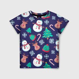 Детская футболка 3D с принтом Рождественский Паттерн в Санкт-Петербурге, 100% гипоаллергенный полиэфир | прямой крой, круглый вырез горловины, длина до линии бедер, чуть спущенное плечо, ткань немного тянется | deer | merry christmas | веселого рождества | ели | елки | олени | рождество | снеговики | снежинки