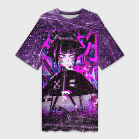 Платье-футболка 3D с принтом Cyberpunk Samurai Anime в Санкт-Петербурге,  |  | 2077 | anime | cyberpunk | girl | grunge | japan | neon | pink | аниме | анимэ | гранж | девочка | девушка | игра | иероглифы | киберпанк | мульт | неон | неоновый | офф вайт | полосы | потертости | самурай | символ | тян | узоры | я