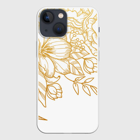 Чехол для iPhone 13 mini с принтом Золотые цветы на белом в Санкт-Петербурге,  |  | лето | листья | природа | цветы