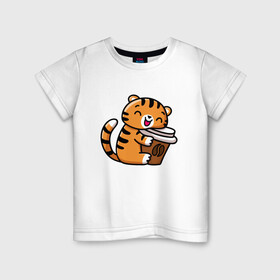 Детская футболка хлопок с принтом Тигренок и кофе в Санкт-Петербурге, 100% хлопок | круглый вырез горловины, полуприлегающий силуэт, длина до линии бедер | 2022 | год тигра | новый год | новый год 2022 | символ года | тигр | тигренок | тигрица | тигры