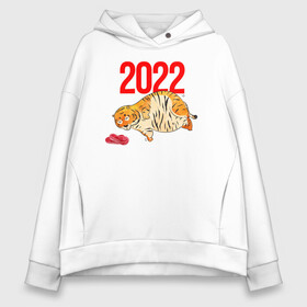 Женское худи Oversize хлопок с принтом Ленивый толстый тигр 2022 в Санкт-Петербурге, френч-терри — 70% хлопок, 30% полиэстер. Мягкий теплый начес внутри —100% хлопок | боковые карманы, эластичные манжеты и нижняя кромка, капюшон на магнитной кнопке | 2022 | год тигра | новый год | новый год 2022 | символ года | тигр | тигренок | тигрица | тигры
