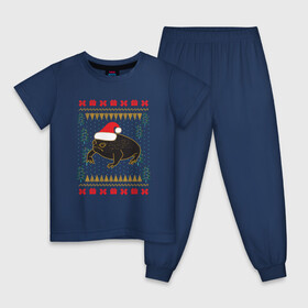 Детская пижама хлопок с принтом Рождественский свитер Жаба в Санкт-Петербурге, 100% хлопок |  брюки и футболка прямого кроя, без карманов, на брюках мягкая резинка на поясе и по низу штанин
 | Тематика изображения на принте: christmas | ugly sweater | африканская лягушка | дождевая лягушка | жаба | зима | зимний | лягушка | новый год | рождественский свитер | рождество | уродливый свитер | черная лягушка