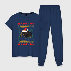 Женская пижама хлопок с принтом Рождественский свитер Жаба в Санкт-Петербурге, 100% хлопок | брюки и футболка прямого кроя, без карманов, на брюках мягкая резинка на поясе и по низу штанин | christmas | ugly sweater | африканская лягушка | дождевая лягушка | жаба | зима | зимний | лягушка | новый год | рождественский свитер | рождество | уродливый свитер | черная лягушка