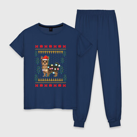 Женская пижама хлопок с принтом Рождественский свитер Йоркшик в Санкт-Петербурге, 100% хлопок | брюки и футболка прямого кроя, без карманов, на брюках мягкая резинка на поясе и по низу штанин | christmas | ugly sweater | вечеринка | йорк | йоркширский терьер | новый год | праздники | рождественский свитер | рождество | собака | собачка | уродливый свитер