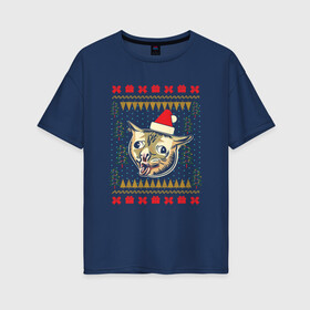 Женская футболка хлопок Oversize с принтом Рождественский свитер кашляющий кот в Санкт-Петербурге, 100% хлопок | свободный крой, круглый ворот, спущенный рукав, длина до линии бедер
 | christmas | coughing cat | ugly sweater | вечеринка | кашляющий кот | кот мем | котик | новогодние праздники | новый год | рождественский свитер | рождество | уродливый свитер