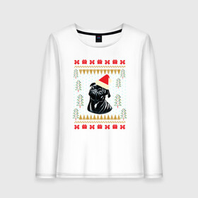 Женский лонгслив хлопок с принтом Рождественский свитер Черный мопс в Санкт-Петербурге, 100% хлопок |  | christmas | ugly sweater | вечеринка | мопс | новогодние праздники | новый год | рождественский свитер | рождество | собака | собачка | уродливый свитер | черный мопс