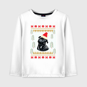 Детский лонгслив хлопок с принтом Рождественский свитер Черный мопс в Санкт-Петербурге, 100% хлопок | круглый вырез горловины, полуприлегающий силуэт, длина до линии бедер | christmas | ugly sweater | вечеринка | мопс | новогодние праздники | новый год | рождественский свитер | рождество | собака | собачка | уродливый свитер | черный мопс