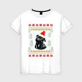 Женская футболка хлопок с принтом Рождественский свитер Черный мопс в Санкт-Петербурге, 100% хлопок | прямой крой, круглый вырез горловины, длина до линии бедер, слегка спущенное плечо | christmas | ugly sweater | вечеринка | мопс | новогодние праздники | новый год | рождественский свитер | рождество | собака | собачка | уродливый свитер | черный мопс