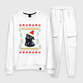 Женский костюм хлопок с принтом Рождественский свитер Черный мопс в Санкт-Петербурге, 100% хлопок | на свитшоте круглая горловина, мягкая резинка по низу. Брюки заужены к низу, на них два вида карманов: два 