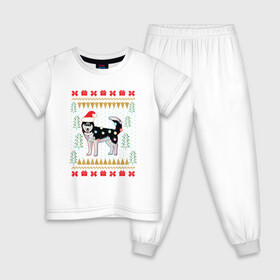 Детская пижама хлопок с принтом Рождественский свитер Хаски в Санкт-Петербурге, 100% хлопок |  брюки и футболка прямого кроя, без карманов, на брюках мягкая резинка на поясе и по низу штанин
 | christmas | ugly sweater | вечеринка | новогодние праздники | новый год | рождественский свитер | рождество | сибирский хаски | собака | собачка | уродливый свитер | хаски