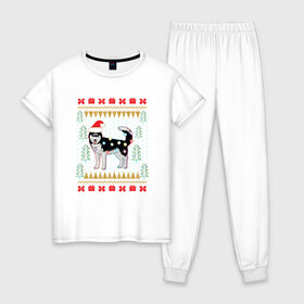 Женская пижама хлопок с принтом Рождественский свитер Хаски в Санкт-Петербурге, 100% хлопок | брюки и футболка прямого кроя, без карманов, на брюках мягкая резинка на поясе и по низу штанин | christmas | ugly sweater | вечеринка | новогодние праздники | новый год | рождественский свитер | рождество | сибирский хаски | собака | собачка | уродливый свитер | хаски