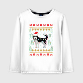 Детский лонгслив хлопок с принтом Рождественский свитер Хаски в Санкт-Петербурге, 100% хлопок | круглый вырез горловины, полуприлегающий силуэт, длина до линии бедер | christmas | ugly sweater | вечеринка | новогодние праздники | новый год | рождественский свитер | рождество | сибирский хаски | собака | собачка | уродливый свитер | хаски