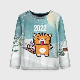 Детский лонгслив 3D с принтом Новогодний тигренок 2022 в Санкт-Петербурге, 100% полиэстер | длинные рукава, круглый вырез горловины, полуприлегающий силуэт
 | 2022 | год тигра | новый год | новый год 2022 | символ года | тигр | тигренок | тигрица | тигры
