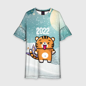 Детское платье 3D с принтом Новогодний тигренок 2022 в Санкт-Петербурге, 100% полиэстер | прямой силуэт, чуть расширенный к низу. Круглая горловина, на рукавах — воланы | 2022 | год тигра | новый год | новый год 2022 | символ года | тигр | тигренок | тигрица | тигры
