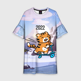 Детское платье 3D с принтом Тигренок  на  самокате в Санкт-Петербурге, 100% полиэстер | прямой силуэт, чуть расширенный к низу. Круглая горловина, на рукавах — воланы | 2022 | год тигра | новый год | новый год 2022 | символ года | тигр | тигренок | тигрица | тигры