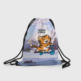Рюкзак-мешок 3D с принтом Тигренок  на  самокате в Санкт-Петербурге, 100% полиэстер | плотность ткани — 200 г/м2, размер — 35 х 45 см; лямки — толстые шнурки, застежка на шнуровке, без карманов и подкладки | 2022 | год тигра | новый год | новый год 2022 | символ года | тигр | тигренок | тигрица | тигры