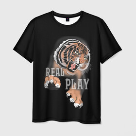 Мужская футболка 3D с принтом Real Play в Санкт-Петербурге, 100% полиэфир | прямой крой, круглый вырез горловины, длина до линии бедер | звери | крупные кошки | новый год | подарок | праздники | тигр | тигренок