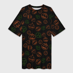 Платье-футболка 3D с принтом Хэллоуин тыквы и корона в Санкт-Петербурге,  |  | alien | black | contours | coronavirus | covid | funny | ghost | green | halloween | horror | monster | orange | pumpkins | scary | skull | жуть | забавно | зеленый | инопланетянин | ковид | контуры | коронавирус | монстр | оранжевый | привидение | страшн