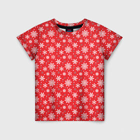 Детская футболка 3D с принтом Снежинки (красный фон) в Санкт-Петербурге, 100% гипоаллергенный полиэфир | прямой крой, круглый вырез горловины, длина до линии бедер, чуть спущенное плечо, ткань немного тянется | merry christmas | дед мороз | ёлка | зима | мороз | новый год | подарок | праздник | рождество | с новым годом | сантаклаус | снег | снеговик | снегурочка | снежинки | снежные узоры | узоры