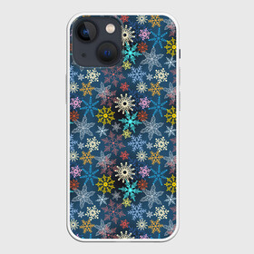 Чехол для iPhone 13 mini с принтом Красочные Снежинки в Санкт-Петербурге,  |  | merry christmas | дед мороз | ёлка | зима | мороз | новый год | подарок | праздник | рождество | с новым годом | сантаклаус | снег | снеговик | снегурочка | снежинки | снежные узоры | узоры