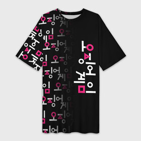 Платье-футболка 3D с принтом ИГРА В КАЛЬМАРА (лого по вертикали) в Санкт-Петербурге,  |  | 001 | 067 | 456 | squid game | игра | игра в кальмара | квадрат | круг | нетфликс | сериал | треугольник