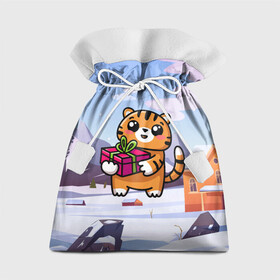 Подарочный 3D мешок с принтом Новогодний тигренок с подарком в Санкт-Петербурге, 100% полиэстер | Размер: 29*39 см | Тематика изображения на принте: 2022 | год тигра | новый год | новый год 2022 | символ года | тигр | тигренок | тигрица | тигры