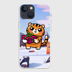 Чехол для iPhone 13 mini с принтом Новогодний тигренок с подарком в Санкт-Петербурге,  |  | 2022 | год тигра | новый год | новый год 2022 | символ года | тигр | тигренок | тигрица | тигры