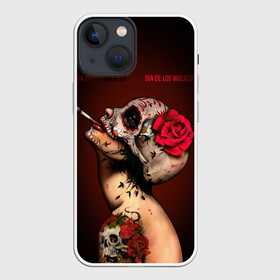 Чехол для iPhone 13 mini с принтом Ведьма с красной розой в Санкт-Петербурге,  |  | Тематика изображения на принте: body art | cigarette | day of the dead | halloween | happy halloween | holiday | nude witch | profile | red rose | skull | tattoo | боди арт | день мертвых | красная роза | обнаженная ведьма | праздник | профиль | тату | хэллоуин