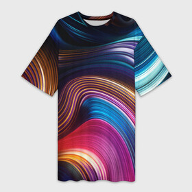 Платье-футболка 3D с принтом Цветные неоновые волны в Санкт-Петербурге,  |  | colorful waves | digital art | neon stripes | rainbow | абстракция | волны красок | неоновые волны | неоновый узор | цветные волны | цветные полосы