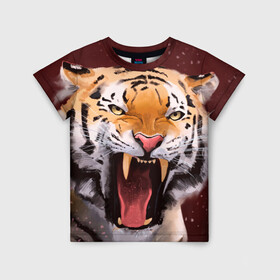Детская футболка 3D с принтом Тигр красавчик сердится в Санкт-Петербурге, 100% гипоаллергенный полиэфир | прямой крой, круглый вырез горловины, длина до линии бедер, чуть спущенное плечо, ткань немного тянется | 2022 | aggressive | angry | fangs | new year | open mouth | predator | tiger | year of the tiger | агрессивный | год тигра | клыки | новый год | открытая пасть | сердитый | тигр | хищник