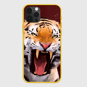 Чехол для iPhone 12 Pro с принтом Тигр красавчик сердится в Санкт-Петербурге, силикон | область печати: задняя сторона чехла, без боковых панелей | 2022 | aggressive | angry | fangs | new year | open mouth | predator | tiger | year of the tiger | агрессивный | год тигра | клыки | новый год | открытая пасть | сердитый | тигр | хищник