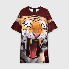 Детское платье 3D с принтом Тигр красавчик сердится в Санкт-Петербурге, 100% полиэстер | прямой силуэт, чуть расширенный к низу. Круглая горловина, на рукавах — воланы | Тематика изображения на принте: 2022 | aggressive | angry | fangs | new year | open mouth | predator | tiger | year of the tiger | агрессивный | год тигра | клыки | новый год | открытая пасть | сердитый | тигр | хищник