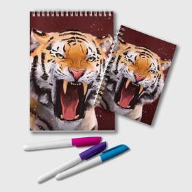 Блокнот с принтом Тигр красавчик сердится в Санкт-Петербурге, 100% бумага | 48 листов, плотность листов — 60 г/м2, плотность картонной обложки — 250 г/м2. Листы скреплены удобной пружинной спиралью. Цвет линий — светло-серый
 | Тематика изображения на принте: 2022 | aggressive | angry | fangs | new year | open mouth | predator | tiger | year of the tiger | агрессивный | год тигра | клыки | новый год | открытая пасть | сердитый | тигр | хищник