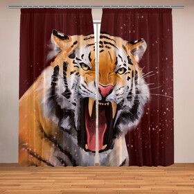 Фотошторы с принтом Тигр красавчик сердится в Санкт-Петербурге, Блэкаут (светозащита 90%) / Габардин (светозащита 40% | 2 полотна шириной по 145 см; Высота 200-300 см; Крепление: шторная лента (на крючки); | 2022 | aggressive | angry | fangs | new year | open mouth | predator | tiger | year of the tiger | агрессивный | год тигра | клыки | новый год | открытая пасть | сердитый | тигр | хищник