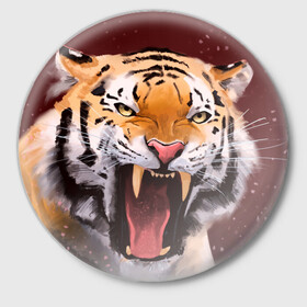 Значок с принтом Тигр красавчик сердится в Санкт-Петербурге,  металл | круглая форма, металлическая застежка в виде булавки | 2022 | aggressive | angry | fangs | new year | open mouth | predator | tiger | year of the tiger | агрессивный | год тигра | клыки | новый год | открытая пасть | сердитый | тигр | хищник