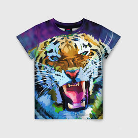 Детская футболка 3D с принтом Рычащий Шархан в Санкт-Петербурге, 100% гипоаллергенный полиэфир | прямой крой, круглый вырез горловины, длина до линии бедер, чуть спущенное плечо, ткань немного тянется | 2022 | evil face | growling | new year | pop art | predator | tiger | year of the tiger | год тигра | новый год | поп арт | рычащий | тигр | хищник