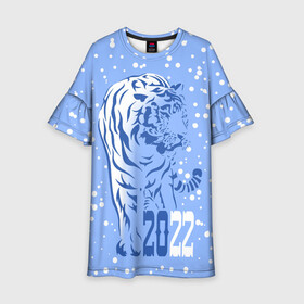 Детское платье 3D с принтом Голубой водяной тигр в Санкт-Петербурге, 100% полиэстер | прямой силуэт, чуть расширенный к низу. Круглая горловина, на рукавах — воланы | 2022 | beast | blue water tiger | is coming | new year | predator | strength and tranquility | year of the tiger | год тигра | зверь | зима | идет | новый год | сила и спокойствие | снег | хищник