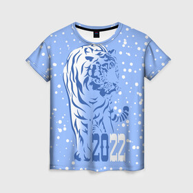 Женская футболка 3D с принтом Голубой водяной тигр в Санкт-Петербурге, 100% полиэфир ( синтетическое хлопкоподобное полотно) | прямой крой, круглый вырез горловины, длина до линии бедер | 2022 | beast | blue water tiger | is coming | new year | predator | strength and tranquility | year of the tiger | год тигра | зверь | зима | идет | новый год | сила и спокойствие | снег | хищник
