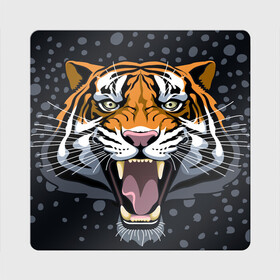Магнит виниловый Квадрат с принтом Амурский тигр в ночи в Санкт-Петербурге, полимерный материал с магнитным слоем | размер 9*9 см, закругленные углы | Тематика изображения на принте: 2022 | aggression | amur tiger | beast | grin | new year | night | open mouth | predator | snowfall | winter | year of the tiger | агрессия | амурский тигр | год тигра | зверь | зима | новый год | ночь | оскал | открытая пасть | снегопад | хищник