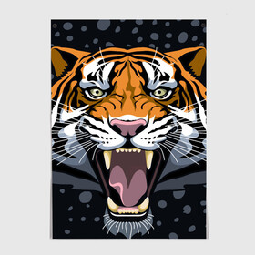 Постер с принтом Амурский тигр в ночи в Санкт-Петербурге, 100% бумага
 | бумага, плотность 150 мг. Матовая, но за счет высокого коэффициента гладкости имеет небольшой блеск и дает на свету блики, но в отличии от глянцевой бумаги не покрыта лаком | 2022 | aggression | amur tiger | beast | grin | new year | night | open mouth | predator | snowfall | winter | year of the tiger | агрессия | амурский тигр | год тигра | зверь | зима | новый год | ночь | оскал | открытая пасть | снегопад | хищник
