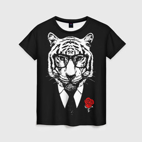 Женская футболка 3D с принтом Тигр с красной розой в Санкт-Петербурге, 100% полиэфир ( синтетическое хлопкоподобное полотно) | прямой крой, круглый вырез горловины, длина до линии бедер | 2022 | authority | black suit | godfather | holiday | mafia | new year | red rose | year of the tiger | авторитет | год тигра | красная роза | крестный отец | мафия | новый год | праздник | тигр в очках | черный костюм