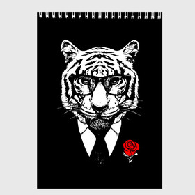 Скетчбук с принтом Тигр с красной розой в Санкт-Петербурге, 100% бумага
 | 48 листов, плотность листов — 100 г/м2, плотность картонной обложки — 250 г/м2. Листы скреплены сверху удобной пружинной спиралью | Тематика изображения на принте: 2022 | authority | black suit | godfather | holiday | mafia | new year | red rose | year of the tiger | авторитет | год тигра | красная роза | крестный отец | мафия | новый год | праздник | тигр в очках | черный костюм