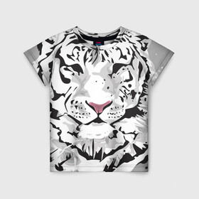 Детская футболка 3D с принтом Белый снежный тигр в Санкт-Петербурге, 100% гипоаллергенный полиэфир | прямой крой, круглый вырез горловины, длина до линии бедер, чуть спущенное плечо, ткань немного тянется | 2022 | art | beast | new year | predator | splashes and drops | white tiger | year of the tiger | белый тигр | брызги и капли | год тигра | зверь | искусство | новый год | хищник