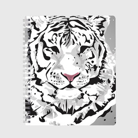 Тетрадь с принтом Белый снежный тигр в Санкт-Петербурге, 100% бумага | 48 листов, плотность листов — 60 г/м2, плотность картонной обложки — 250 г/м2. Листы скреплены сбоку удобной пружинной спиралью. Уголки страниц и обложки скругленные. Цвет линий — светло-серый
 | 2022 | art | beast | new year | predator | splashes and drops | white tiger | year of the tiger | белый тигр | брызги и капли | год тигра | зверь | искусство | новый год | хищник