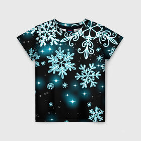 Детская футболка 3D с принтом Космические снежинки в Санкт-Петербурге, 100% гипоаллергенный полиэфир | прямой крой, круглый вырез горловины, длина до линии бедер, чуть спущенное плечо, ткань немного тянется | Тематика изображения на принте: christmas | happy new year | merry christmas | neon | new year | snow | snowflakes | winter | декабрь | звезды | зима | зимний орнамент | зимний узор | зимняя ночь | неоновый | новогодний принт | новогодняя ночь | новый год | ночь | подарок