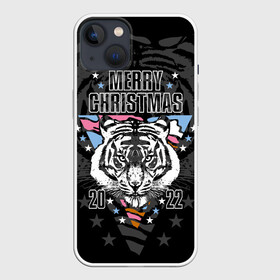 Чехол для iPhone 13 с принтом Merry Christmas 2022 в Санкт-Петербурге,  |  | Тематика изображения на принте: 2022 | beast | merry christmas | new year | predator | stars | stern look | white tiger | year of the tiger | белый тигр | год тигра | звезды | зверь | новый год | суровый взгляд | хищник