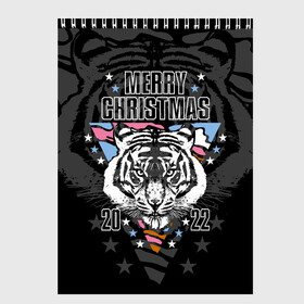 Скетчбук с принтом Merry Christmas 2022 в Санкт-Петербурге, 100% бумага
 | 48 листов, плотность листов — 100 г/м2, плотность картонной обложки — 250 г/м2. Листы скреплены сверху удобной пружинной спиралью | 2022 | beast | merry christmas | new year | predator | stars | stern look | white tiger | year of the tiger | белый тигр | год тигра | звезды | зверь | новый год | суровый взгляд | хищник