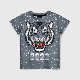 Детская футболка 3D с принтом Водяной тигр 2022 в Санкт-Петербурге, 100% гипоаллергенный полиэфир | прямой крой, круглый вырез горловины, длина до линии бедер, чуть спущенное плечо, ткань немного тянется | 2022 | beast | fangs | merry christmas | new year | predator | snow | stars | stern grin | water tiger | winter | year of the tiger | водяной тигр | год тигра | звезды | зверь | зима | клыки | новый год | снег | суровый оскал | хищник