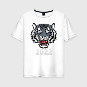 Женская футболка хлопок Oversize с принтом Голубой водяной тигр 2022 в Санкт-Петербурге, 100% хлопок | свободный крой, круглый ворот, спущенный рукав, длина до линии бедер
 | 2022 | beast | fangs | merry christmas | new year | predator | stars | stern grin | water tiger | year of the tiger | водяной тигр | год тигра | звезды | зверь | клыки | новый год | суровый оскал | хищник